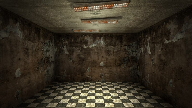 El diseño interior de la habitación vacía de terror y daño espeluznante, representación 3D.