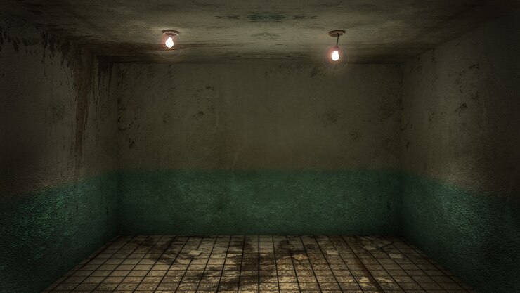 El diseño interior de la habitación vacía de terror y daño espeluznante, representación 3D.