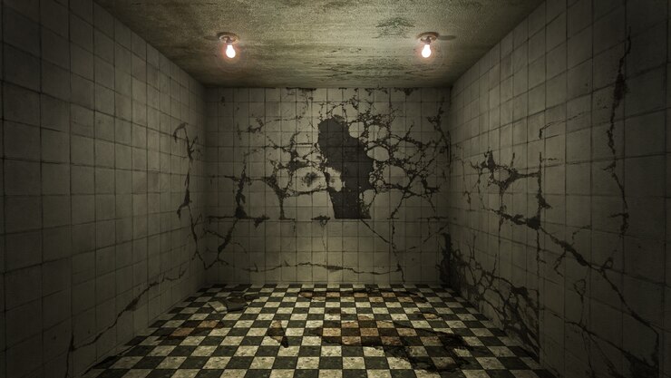 El diseño interior de la habitación vacía de terror y daño espeluznante., Representación 3D.