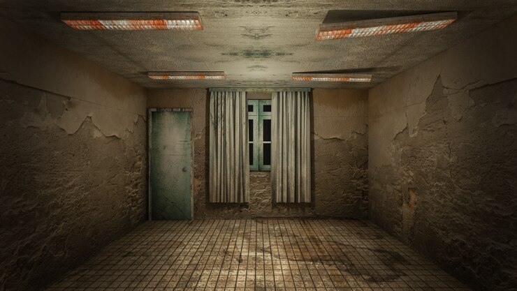 El diseño interior de la habitación vacía de terror y daño espeluznante., Representación 3D.