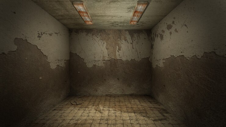 El diseño interior de la habitación vacía de terror y daño espeluznante., Representación 3D.