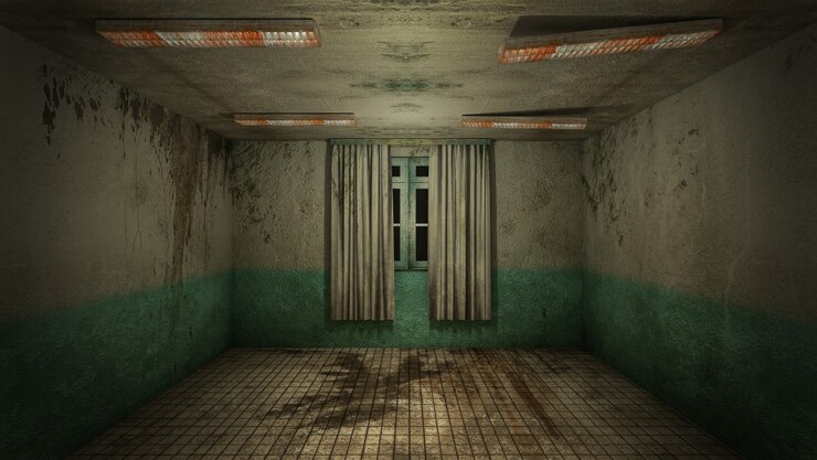 El diseño interior de la habitación vacía de terror y daño espeluznante., Representación 3D.