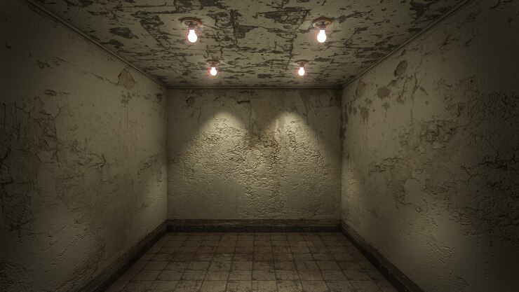 El diseño interior de la habitación vacía de terror y daño espeluznante., Representación 3D.