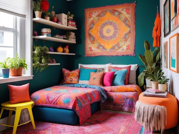 diseño interior de habitaciones pequeñas vibrantes con patrones audaces y colores brillantes