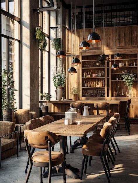 Diseño interior de una hermosa casa de café moderna con muebles de madera