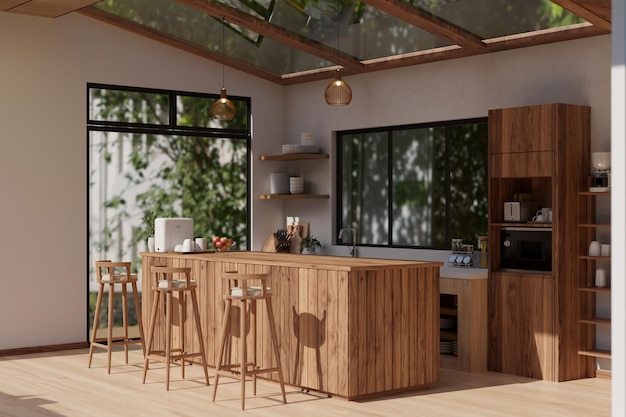 Diseño interior de una hermosa cocina contemporánea de madera con techo de cristal.