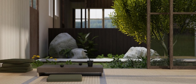 Diseño interior de una hermosa sala de estar zen japonesa con jardín zen interior