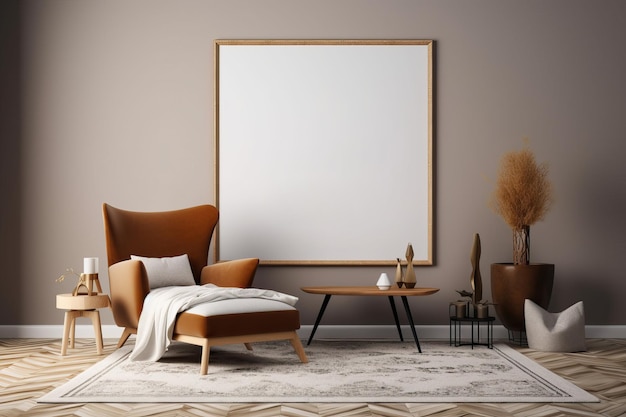 Diseño interior del interior de la sala de estar con sillón de diseño simulado marco de póster generado por IA
