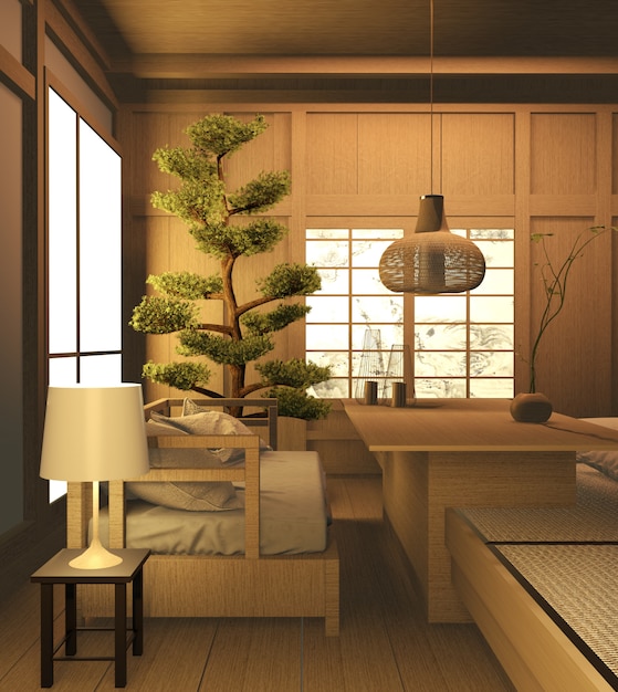 Foto diseño interior japonés de madera de sala de estar