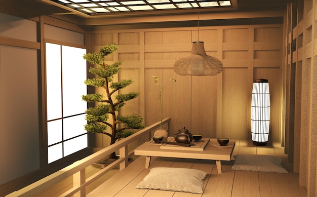 Diseño interior japonés de madera de sala de estar