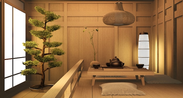 Diseño interior japonés de madera de sala de estar