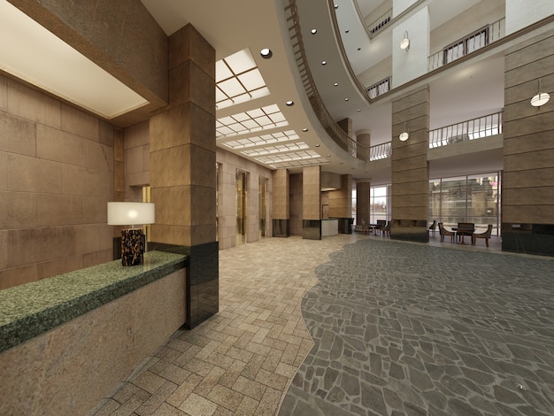 El diseño interior del lobby del hotel con un gran espacio interior de varios pisos. Columnas de piedra, balcones y ascensores entre pisos. Representación 3D.