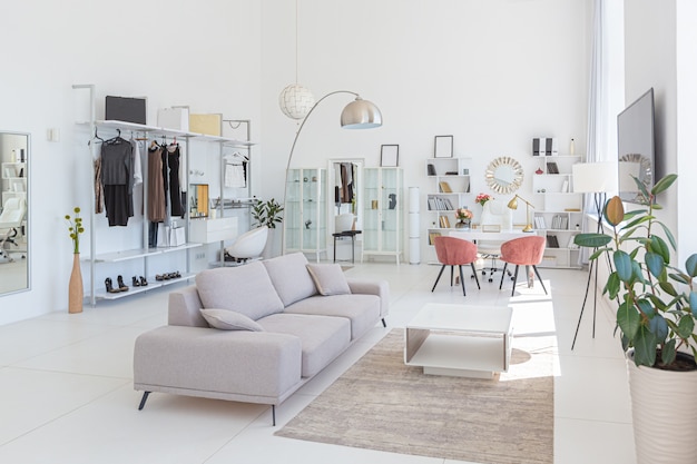 Foto diseño interior de lujo moderno de apartamento estudio blanco en estilo minimalista.