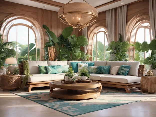 Diseño interior de lujo tropical de la sala de estar