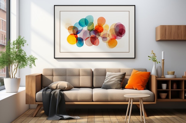 Diseño interior de mediados de siglo de la sala de estar moderna con marco de póster de arte en la pared blanca por encima de un banco