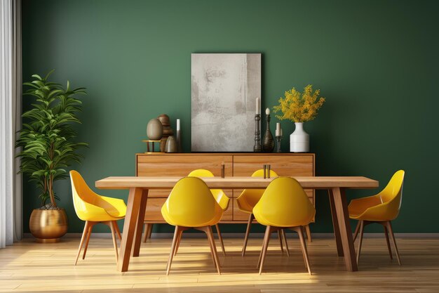 Diseño interior de mesa de madera de comedor moderno.