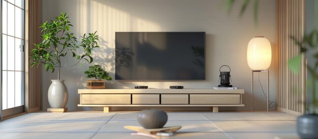Diseño interior minimalista con armario de TV japonés de madera en la habitación