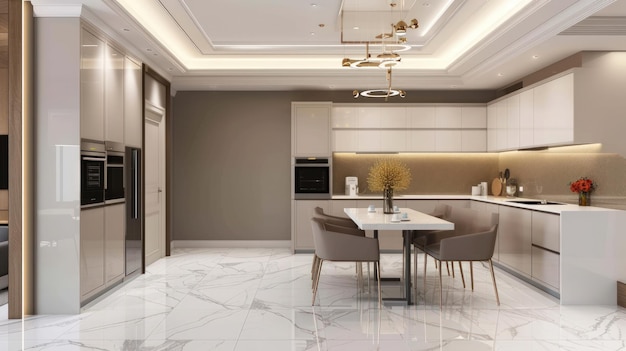Diseño interior minimalista cocina grande con electrodomésticos incorporados y zona de comedor de tono cálido