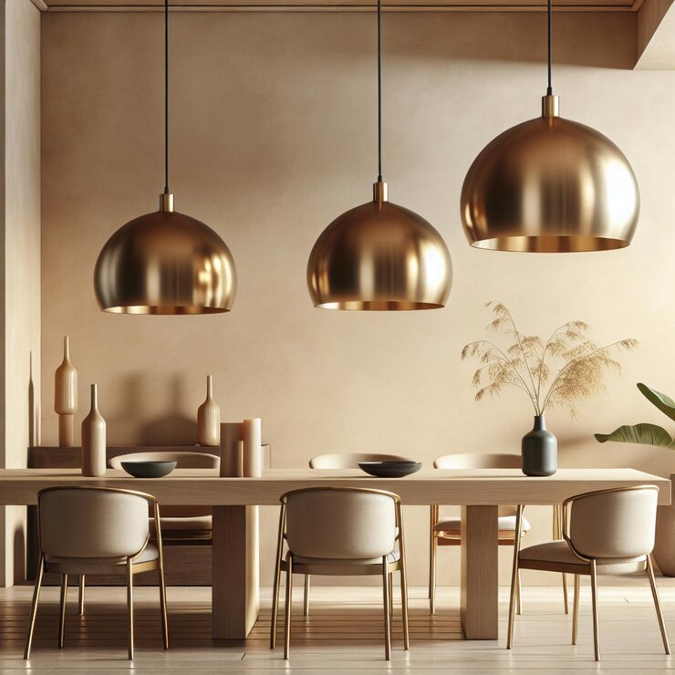Diseño interior minimalista de un comedor moderno con luces colgantes de bronce contra la pared de estuco beige