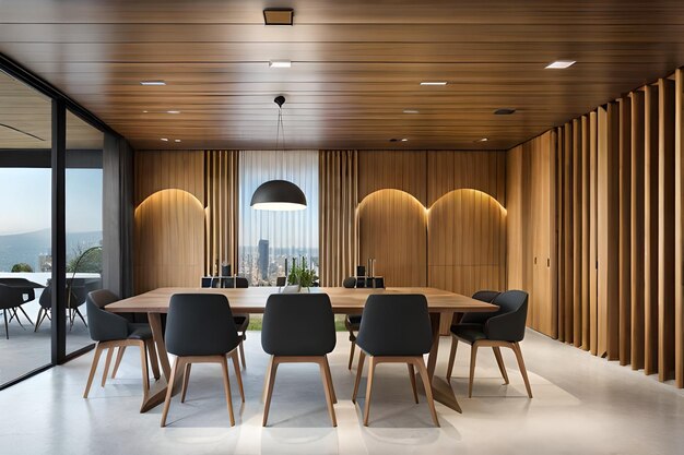 Diseño interior minimalista de un comedor moderno con paneles de madera abstractos en la pared arqueada