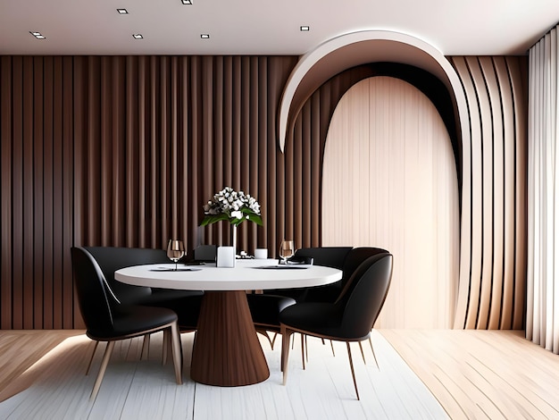 Diseño interior minimalista de un comedor moderno con paneles de madera abstractos en la pared arqueada