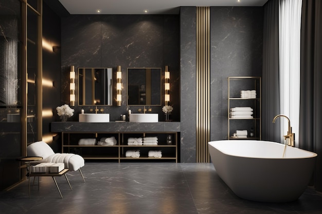 Foto diseño interior minimalista y elegante del baño en color gris oscuro