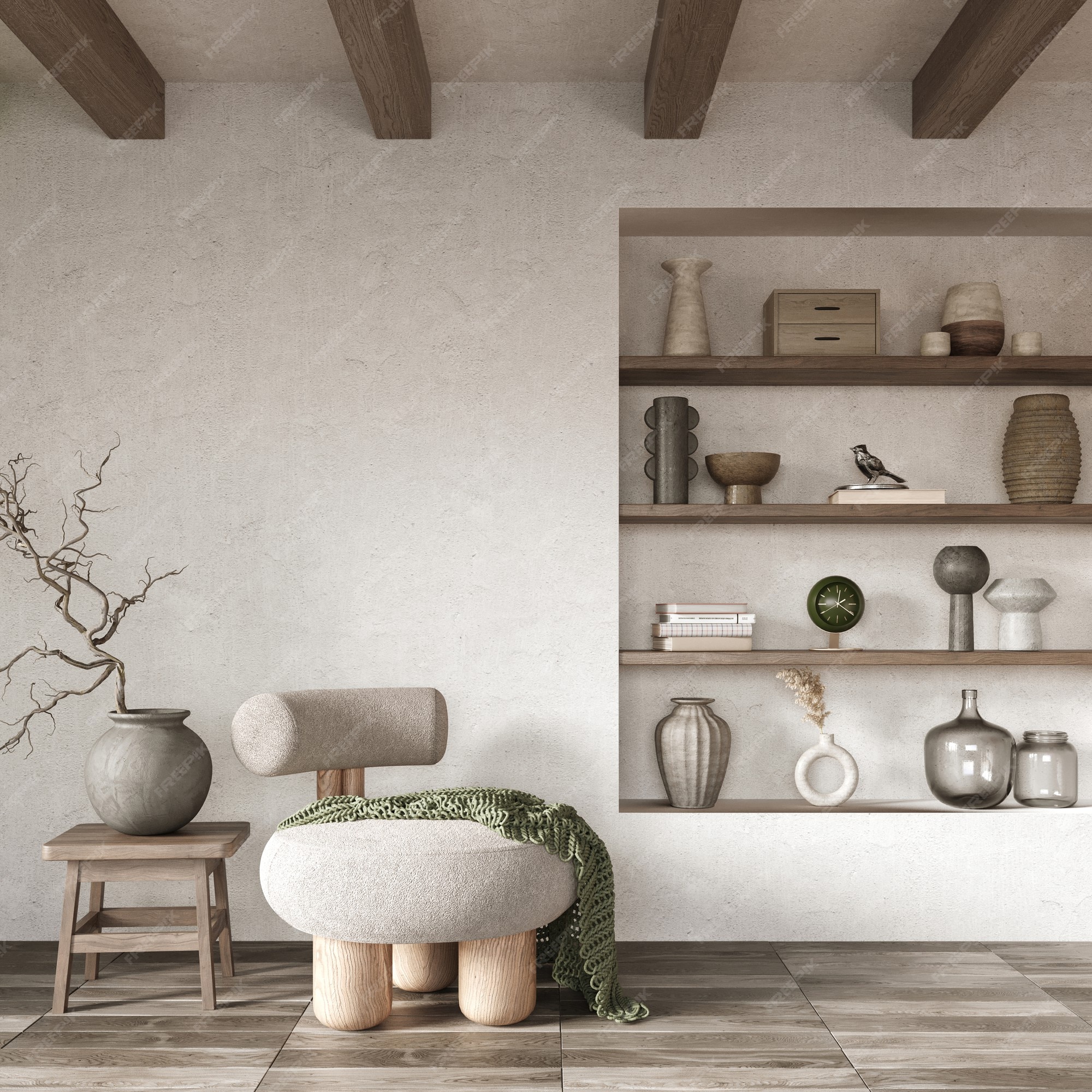 fecha límite Flecha Salvaje Diseño interior minimalista con estantes de pared empotrados y vigas de  madera concepto wabi sabi 3d render | Foto Premium