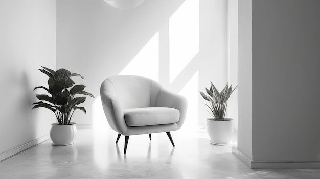 Diseño interior minimalista con fondo de pared blanca y sillón elegante