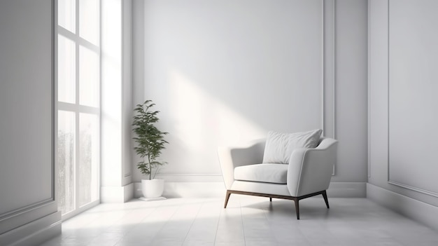 Diseño interior minimalista con fondo de pared blanca y sillón elegante