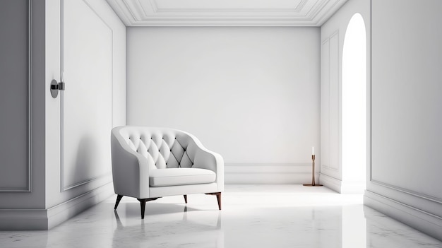 Diseño interior minimalista con fondo de pared blanca y sillón elegante