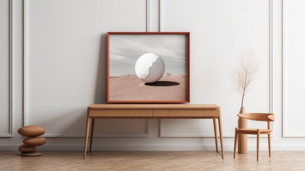 El diseño interior minimalista de la habitación en tonos blancos con una mesa de silla de madera y un piso decorado con un marco de imagen AI generativo AIG27