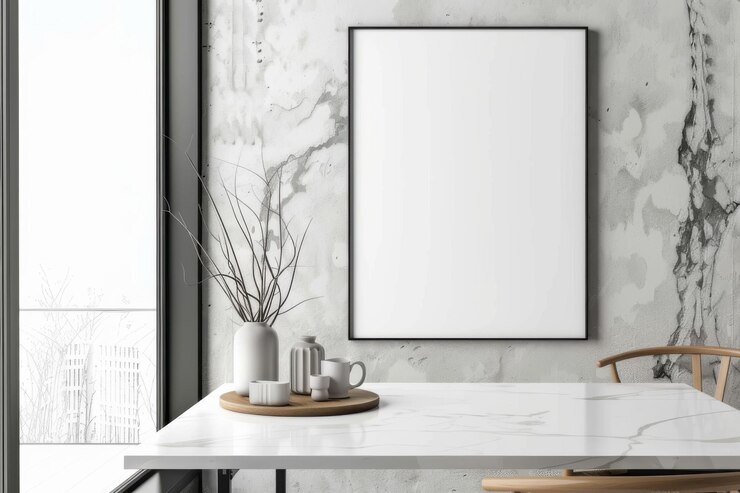 Diseño interior minimalista con un lienzo en blanco en la pared jarrones decorativos y una mesa redonda en la luz del sol suave