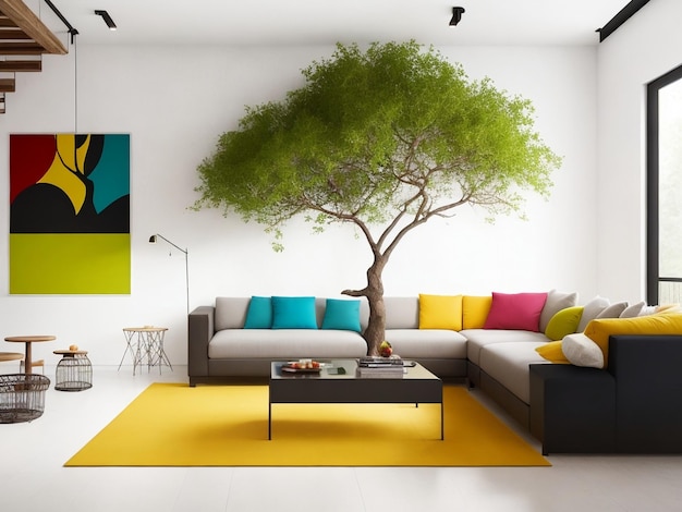 El diseño interior minimalista de la sala de estar moderna con un árbol de colores