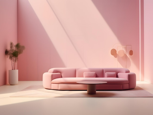 Diseño interior minimalista de la sala de estar con muebles modernos rosados