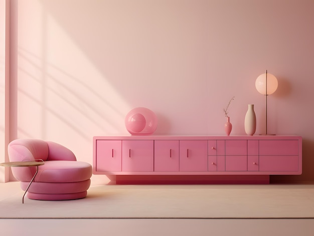 Diseño interior minimalista de la sala de estar con muebles modernos rosados