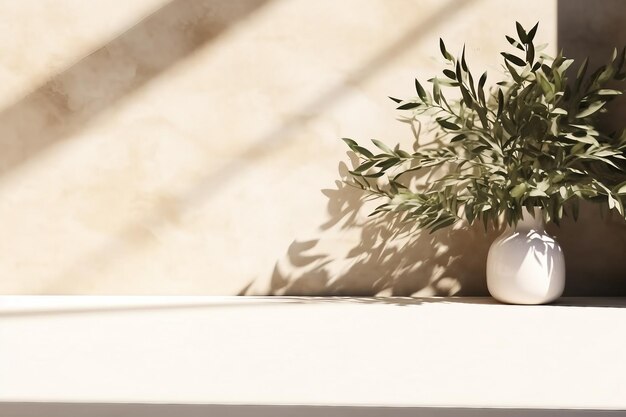 diseño interior mínimo vacío piedra de mármol blanco mostrador de mesa arriba árbol verde en la sombra de la hoja de la luz del sol