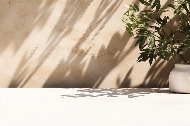 diseño interior mínimo vacío piedra de mármol blanco mostrador de mesa arriba árbol verde en la sombra de la hoja de la luz del sol