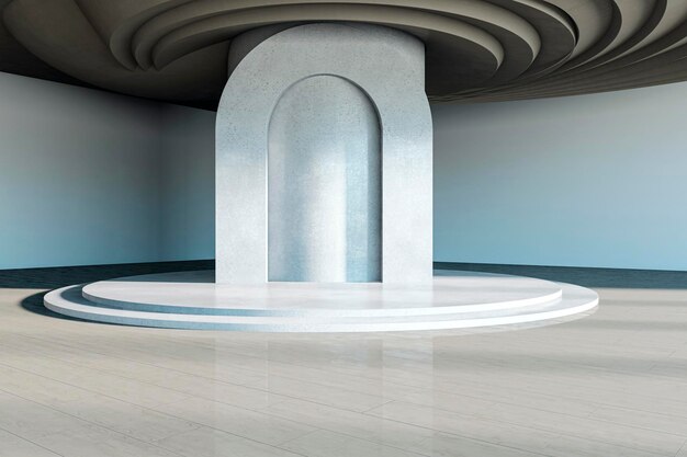 Diseño interior moderno abstracto con techo curvo y podio Rendering 3D