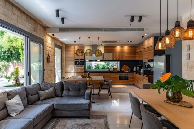 Diseño interior moderno de alta resolución de cocina y sala de estar remodeladas en Israel