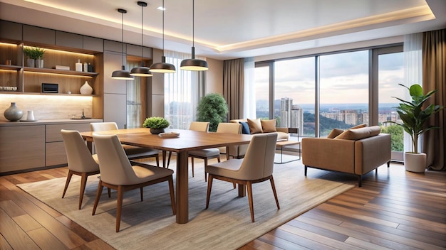 Diseño interior moderno de apartamento comedor sala de estar vacía con panorama de pared beige