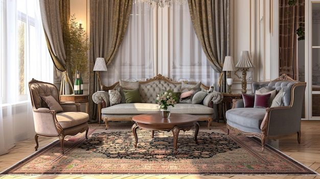 Diseño interior moderno art déco de apartamento con sofá sillones clásicos Generativo Ai