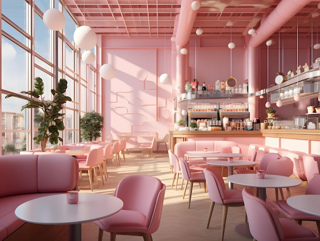 Diseño interior moderno de cafetería de los años 90 en estilo barbiecore con muebles elegantes