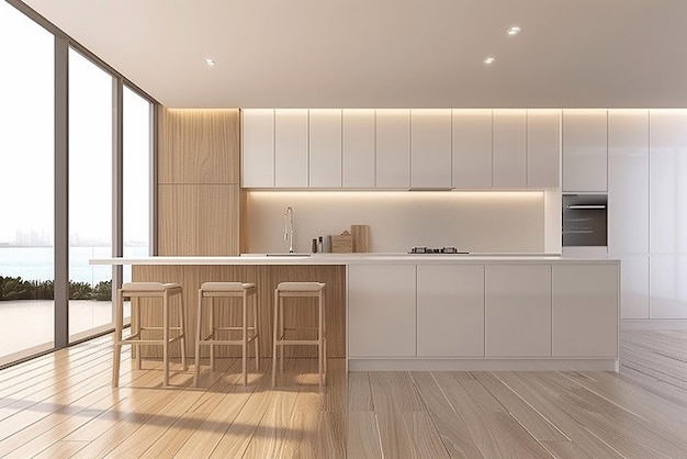 Diseño interior moderno de cocina contemporánea en blanco y madera