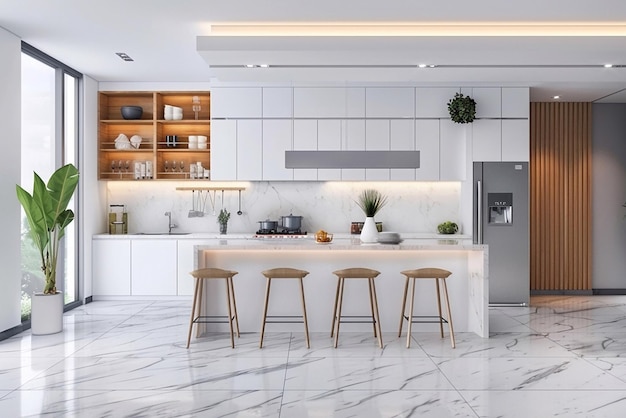 Diseño interior moderno de cocina contemporánea en blanco y madera