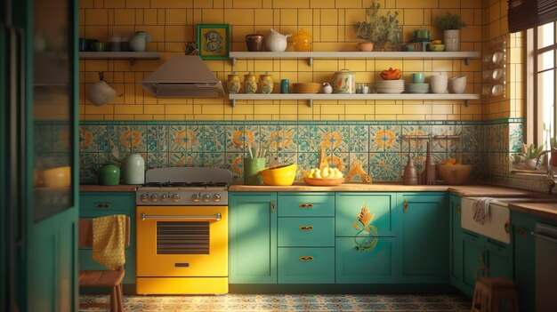 Diseño interior moderno de cocina Habitación en estilo retro americano con color amarillo y verde menta de electrodomésticos de mobiliario Espacio doméstico contemporáneo con fondo de ilustración de muebles IA generativa