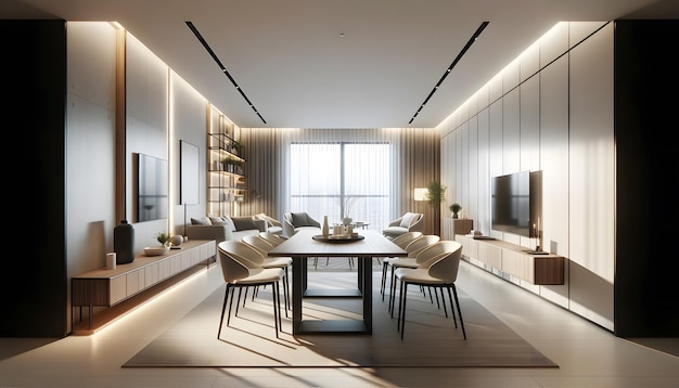 Foto diseño interior moderno de un comedor de apartamento con una mesa elegante y sillas cómodas