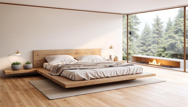 Diseño interior moderno de dormitorio con muebles de piso de madera y chimenea Rendering 3D
