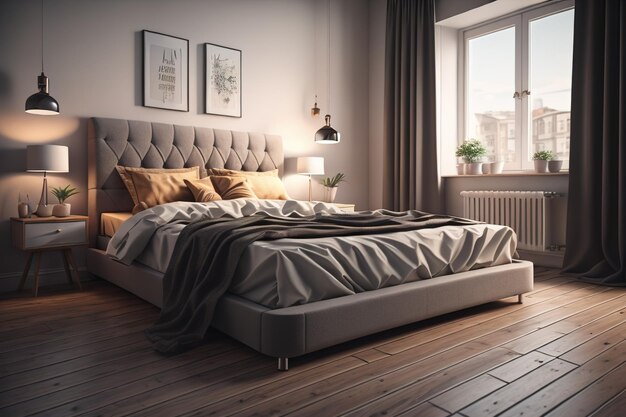 Diseño interior moderno de dormitorios con piso de madera generativo ai