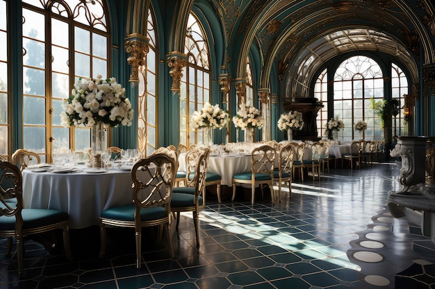 Diseño interior moderno y elegante de un salón de bodas con un toque de lujo y prestigio.