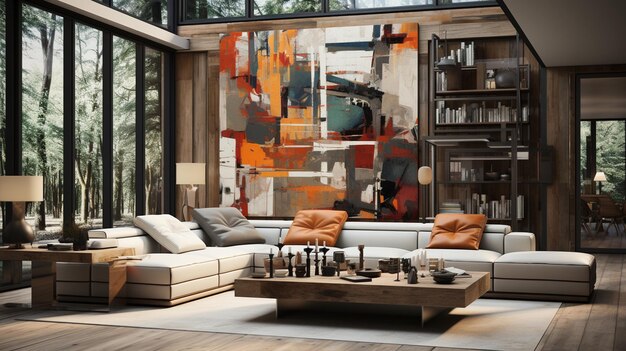 diseño interior moderno de una habitación con chimenea de madera ilustración 3d